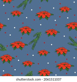 Vector of Christmas seamless pattern with poinsettia flowers,fir twig and confetti