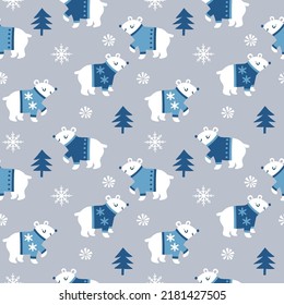 Vector Christmas seamless pattern with polar bears in sweaters. Winter repeated texture with cute animals. Hand drawn print for fabric and wrapping paper with cartoon characters. Holiday background.