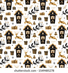 Vector Christmas seamless pattern with reindeer, gifts and gingerbread house in Scandinavian style. Perfect for invitation, wrapping paper and Christmas decoration.