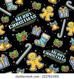 Vector Christmas seamless pattern, repeating background with cut out illustrations of golden christmas bells, blue cartoon gift boxes, decorative confetti and words merry christmas on dark background