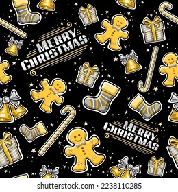 Vector Christmas seamless pattern, repeating background with cut out illustrations of christmas bells, gray cartoon gift boxes with bow, decorative confetti, words merry christmas on dark background