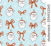 Vector Christmas seamless pattern. Christmas Santa Claus balls and preppy red bows on light blue background. New Year seamless pattern in hand-drawn style.