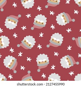 Vector Christmas seamless pattern with Santa Claus faces and stars. Vintage holiday repeated texture with cartoon character.