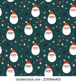 Vector Christmas seamless pattern with Santa Claus, stars, snowflakes. Holiday repeated texture with Santa’s faces. Winter ornament with Christmas cartoon characters. Merry Christmas background