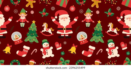 Vector Christmas seamless pattern with Santa Claus, elf, gingerbread man
