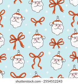 Vector Christmas seamless pattern. Christmas Santa Claus balls and preppy red bows on light blue background. New Year seamless pattern in hand-drawn style.