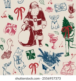 Vector Christmas seamless pattern with Santa Claus, animals and Christmas tree. Hand-drawn vintage compositions isolated on beige background. Illustration for design, print, fabric or background.