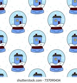 Vector Christmas seamless pattern with Christmas snow glows and houses inside.