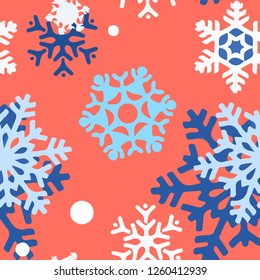 Vector Christmas seamless pattern with snowflakes on living coral background.
