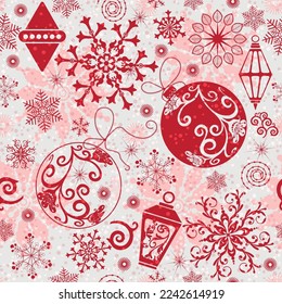 Vector Christmas seamless pattern with snowflakes, Christmas toys, lanterns and confetti