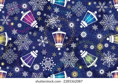 Vector Christmas seamless pattern with snowflakes, lanterns stars