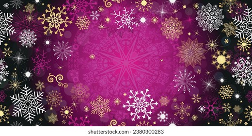 Vector Christmas seamless pattern with snowflakes on the gradient purple background with bokeh. Card, frame