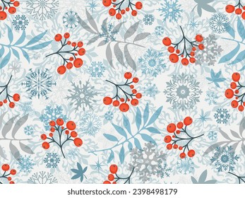 Vector Christmas seamless pattern with snowflakes, leaves, berries, stars on white