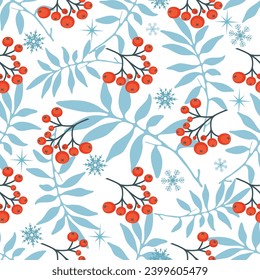 Vector Christmas seamless pattern with snowflakes, leaves, berries, stars on white