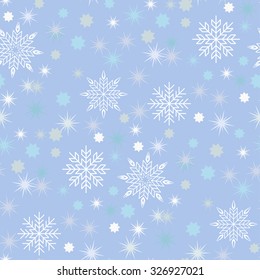 Vector Christmas seamless pattern with snowflakes and stars on light blue background