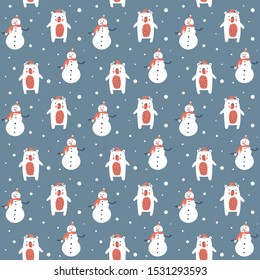 Vector Christmas seamless pattern of snowman and cute white bear. Winter background design for fabric textile, web wall, greeting card