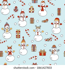 Vector Christmas seamless pattern with snowmen and gifts on a blue background. For packaging design, covers, textile prints