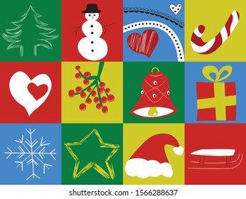 Vector Christmas seamless pattern with square decorations. Perfect for wallpaper, wrapping paper, pattern fill, winter greetings, greeting cards.