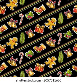 Vector Christmas Seamless Pattern, square repeating background with different fancy christmas objects, decorative poster with cut out illustrations of cute kids christmas symbols on dark background.