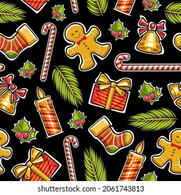 Vector Christmas Seamless Pattern, square repeating background with different fancy christmas objects, decorative poster with cut out illustrations of cute kids christmas symbols on dark background.