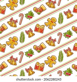 Vector Christmas Seamless Pattern, square repeating background with various cartoon christmas objects, decorative poster with cut out illustrations of cute kids christmas symbols on white background.