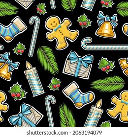 Vector Christmas Seamless Pattern, square repeating background with variety cartoon christmas objects, decorative poster with cut out illustrations of cute kids christmas symbols on dark background.