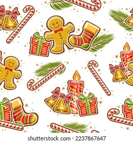 Vector Christmas seamless pattern, square repeat background with illustration of golden christmas bells with bow, cartoon burning candle, spruce branches and decorative confetti on white background