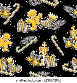 Vector Christmas seamless pattern, square repeat background with illustration of christmas bells with bow, cartoon burning candle, silver fir branches and decorative stars confetti on dark background
