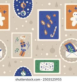 Vector Christmas seamless pattern. Stickers New Year repeat background. Hand drawn calm illustration.