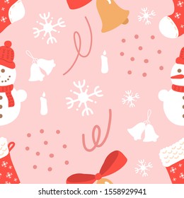 Vector Christmas seamless pattern. Christmas stockings, bells, snowmen and snowflakes.Hand drawn illustration.Decor for the holiday