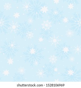 Vector Christmas Seamless Pattern Swatch. Blue and White Snowflakes and Stars. Snowy Repeated Surface Pattern on Light Blue Background. Perfect for Seasonal Wrapping, Cards and Design.