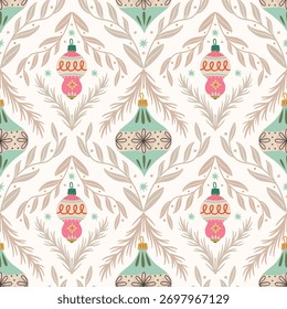 Vetor Natal padrão sem emenda com bolas simétricas e ramos. Perfeito para papel de Natal, tecido e desenhos de presentes