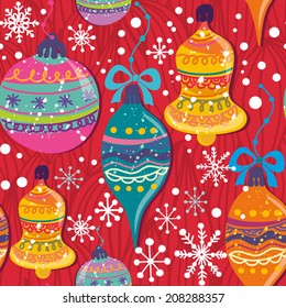 Vector Christmas seamless pattern of christmas toys in bright colors.