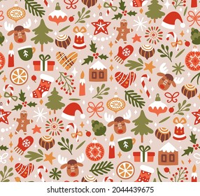 Vector Christmas seamless pattern with traditional symbols. Winter repeated texture with cute characters and decorations. Holiday print for fabric, wallpaper and wrapping paper.