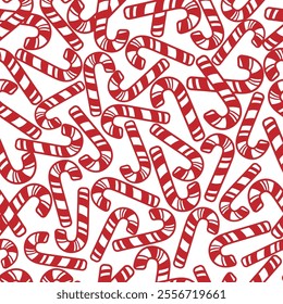 Vector Christmas seamless pattern with traditional sweet red candy canes on white background. Scattered Xmas peppermint sticks candies endless backdrop, template, repeat print, textile   