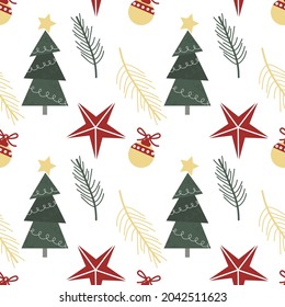 Vector christmas seamless pattern with christmas tree, toy, balls and stars in Scandinavian style for fabrics, paper, textile, gift wrap isolated on white background. New Year background