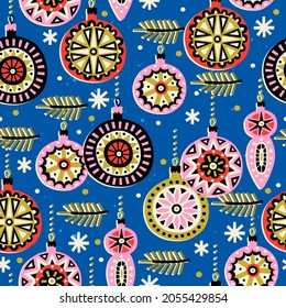 Vector christmas seamless pattern with Christmas tree decorations. Xmas toys illustration. New year backdrdrop. Festive wrapping paper, wallpaper design.