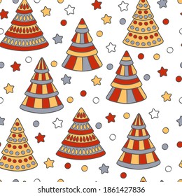 Vector Christmas seamless pattern with Christmas trees on a white background. For packaging design, covers, textile prints