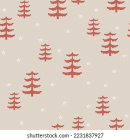 Vector Christmas seamless pattern with Christmas trees on a beige background. Perfect for print, wrapping paper, wallpaper, fabric, kids room design.
