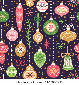 Vector Christmas seamless pattern with vintage holiday ornaments. Repeated texture with retro christmas baubles. Vector print for fabrics, wrapping paper, textile design.