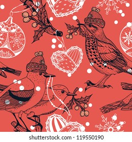 vector Christmas  seamless pattern with vintage birds
