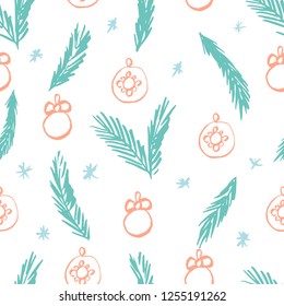 Vector Christmas seamless pattern with vintage toys. Repeated texture with retro christmas baubles. Vector print for fabrics, wrapping paper, textile design. Hand drawn ink print
