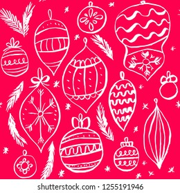 Vector Christmas seamless pattern with vintage toys. Repeated texture with retro christmas baubles. Vector print for fabrics, wrapping paper, textile design. Hand drawn ink print