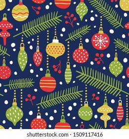 Vector Christmas seamless pattern with vintage holiday ornaments. Repeated texture with retro christmas baubles. Vector print for fabrics, wrapping paper, textile design.