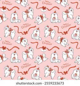 Vector Christmas seamless pattern. Christmas white dogs and preppy red bows on light pink background. New Year animal seamless pattern in hand-drawn style.