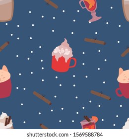 Vector christmas seamless pattern, winter drinks pattern, christmas hot drinks, chirsmas mood