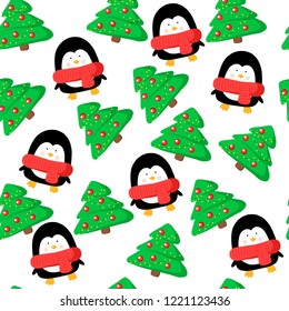 vector christmas seamless pattern with xmas tree and penguin. Suitable for fabric, paper, packaging, decor and design
