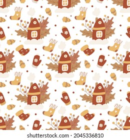 Vector Christmas seamless pattern with xmas houses, socks, mittens and pine cones on white. Great for fabrics, wrapping papers, covers. Hand drawn flat illustration in earth tones.