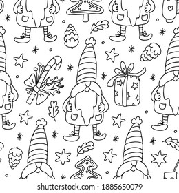 Vector Christmas seamless patterns with gnomes, candy canes, cones, gifts, stars and snowflakes on white. Great for fabrics, wrapping papers, covers. Illustration in doodle sketch style, black outline