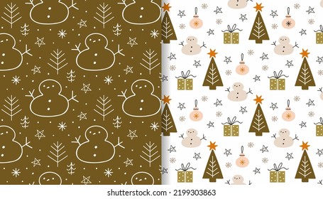 Vector Christmas seamless patterns. Hand drawn snowmen, Christmas trees, gifts. Doodle backgrounds.